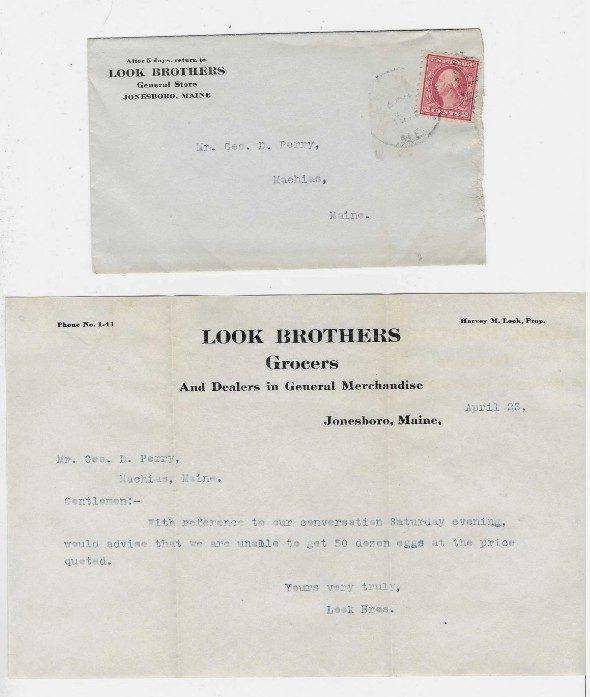 A Look Brothers General Store envelope addressed to Mr. Geo. D. Perry, Machias, Maine, above a typed letter on Look Brothers letterhead dated April 23.