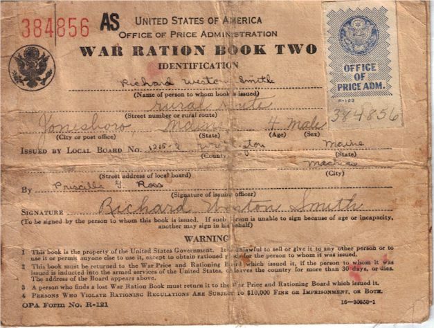 The worn identification page of War Ration Book Two, Office of Price Administration, filled in by hand for Richard Weston Smith of Jonesboro, Maine.