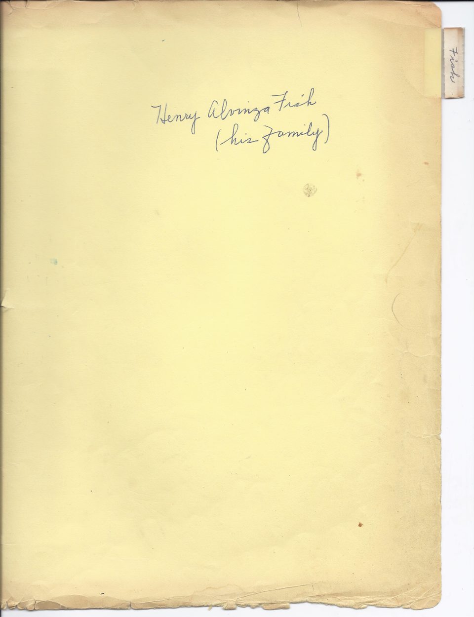 A pale yellow sheet with a two-line heading in blue ink: Henry Alvinza (uncertain reading) Fish, his family.